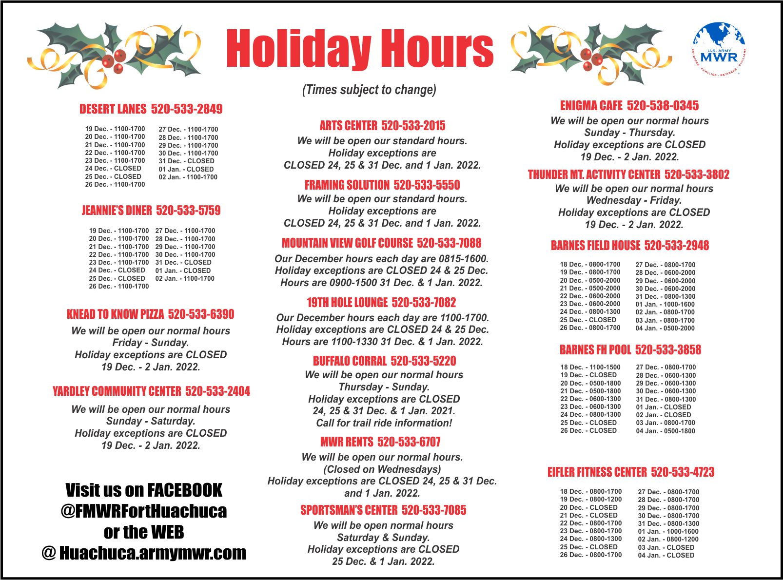 MWR Holiday Hours Ft. Huachuca US Army MWR