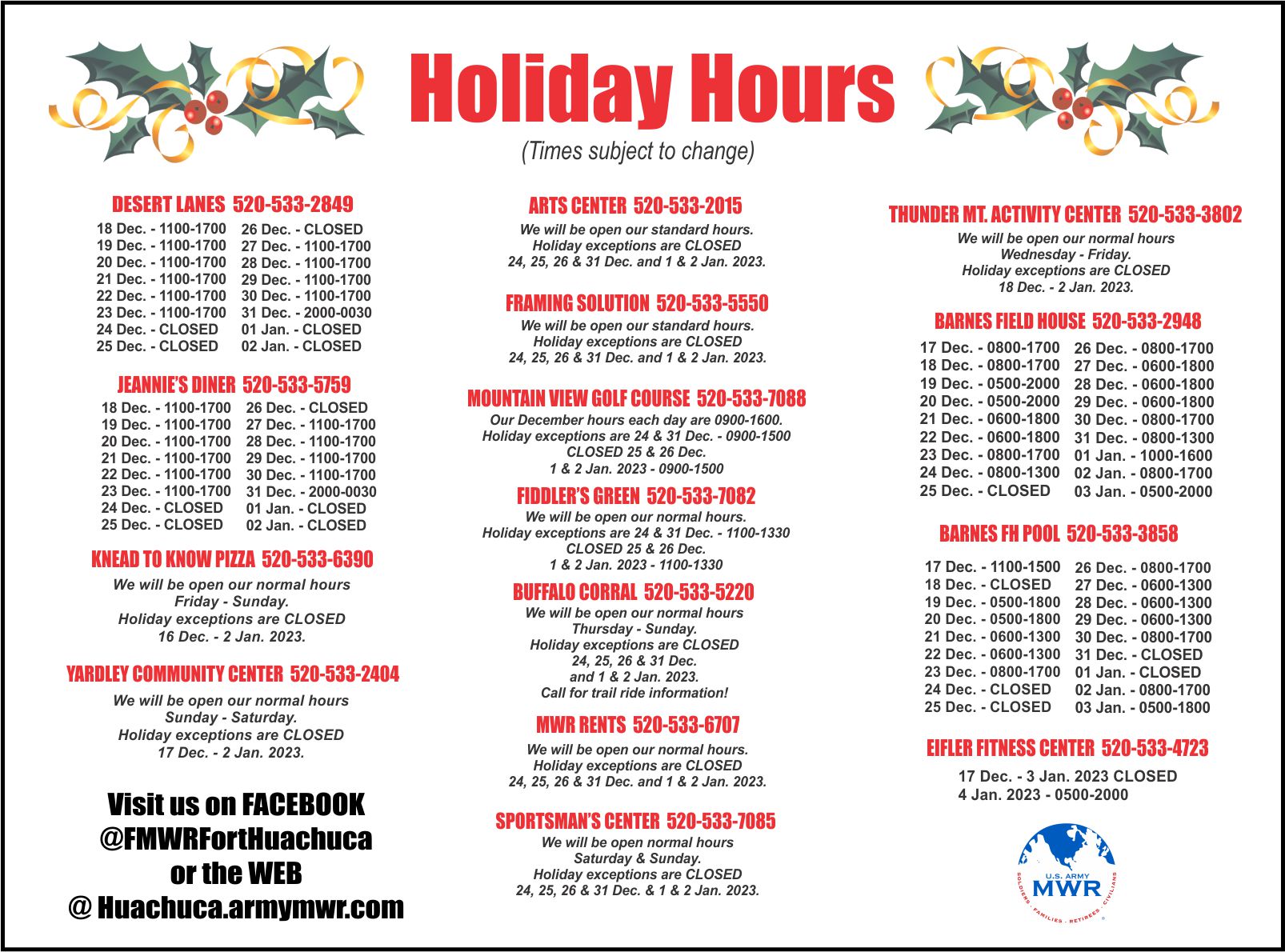 Holiday Hours Ft. Huachuca US Army MWR